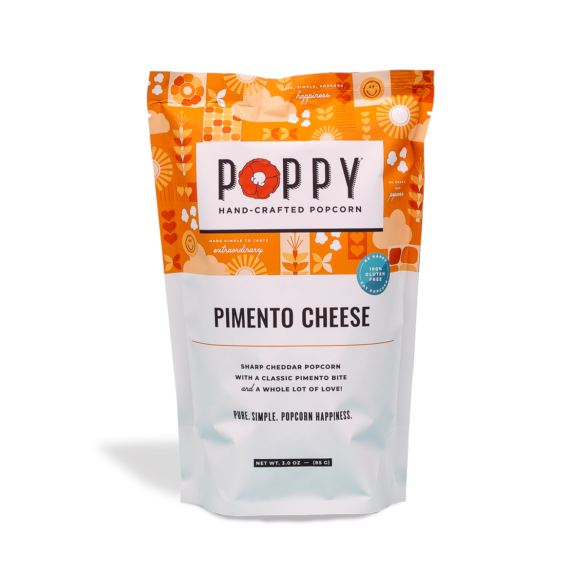 Poppy Hand-Crafted Popcorn pimento cheese popcorn in a bowl, showing cheesy flavor and crunchy popcorn texture.